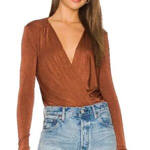 NWOT Free People Brown Fitted Long Sleeve Bodysuit with Tie Front
